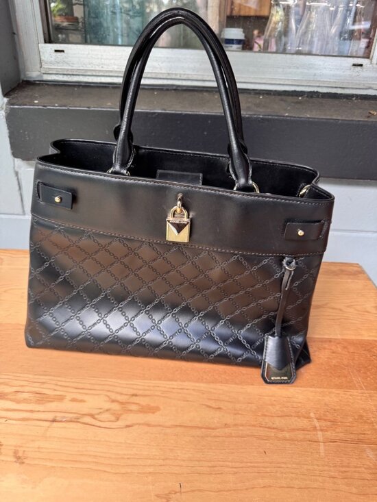 Michael Kors Handbags - Michael Kors Satchel Tote Bag Black Quilted Leather Gold Tone Top Handle